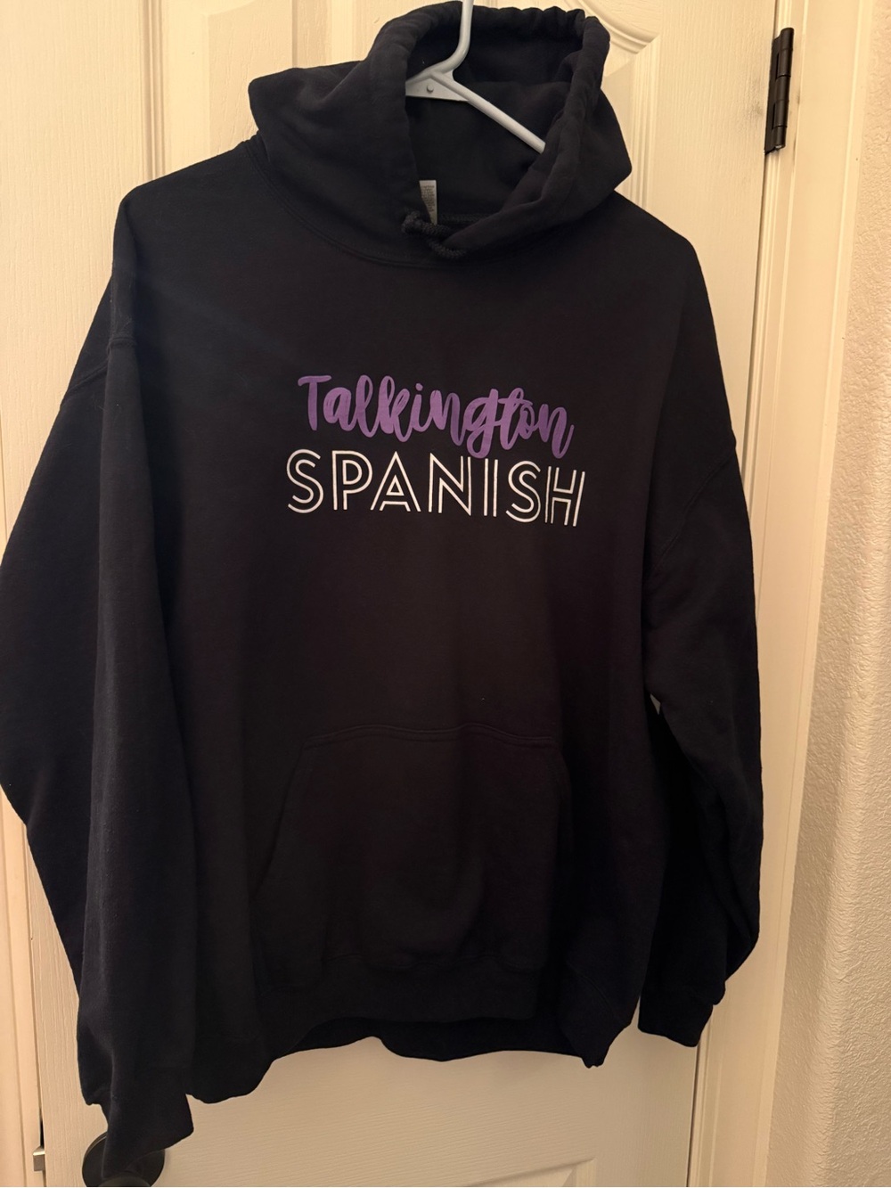 Gildan Black Cowl Neck Hoodie with Purple & White 'Talkington Spanish'